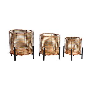 SET 3 MACETEROS RATTAN Y PIE METALICO 34CM